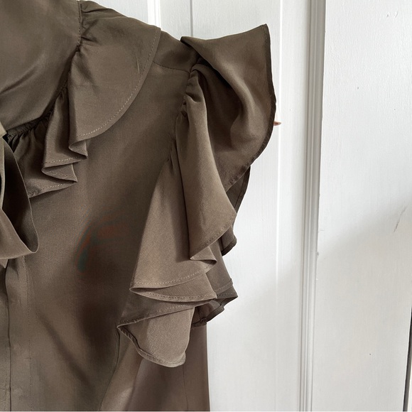 Theory Ruffle Sleeve Tie-Neck Midi Dress – Olive Green, Size 8 - Picture 8 of 10